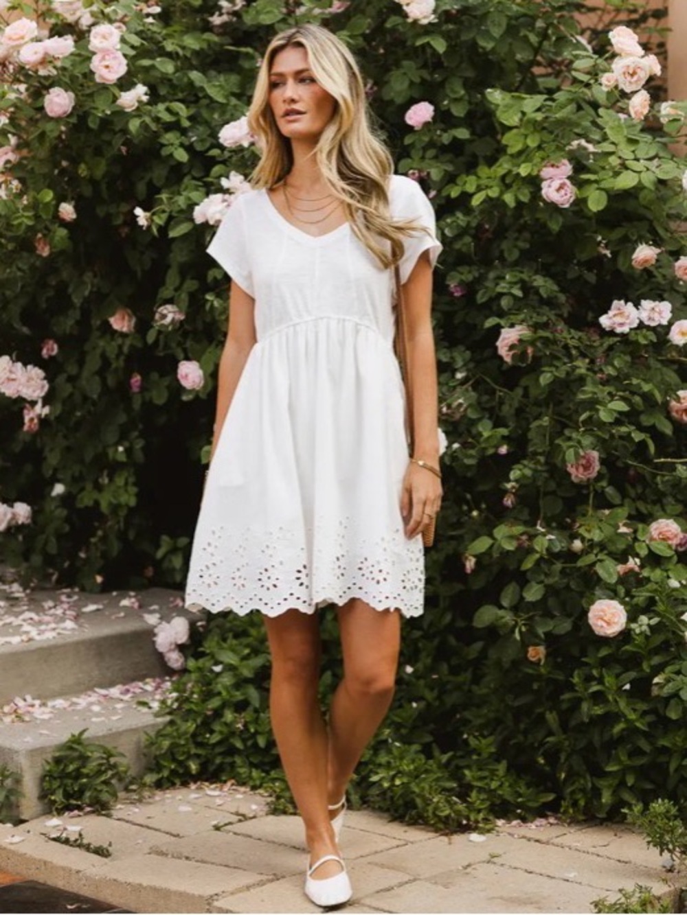 NWOT Bohme White Eyelet V‑Neck Babydoll Mini Dress